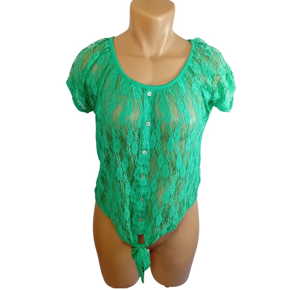 Vintage Y2K Self Esteem Sheer Lace Button Front Tie Top Boho Summer Chic Party S